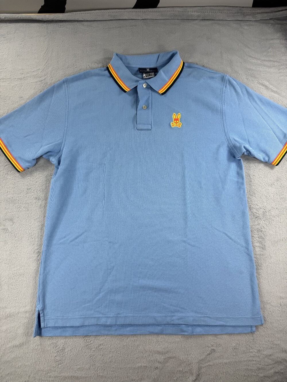 Psycho Bunny Men's Polo Shirt Size 8 Sky Blue Striped Collar Short Sleeve Pique